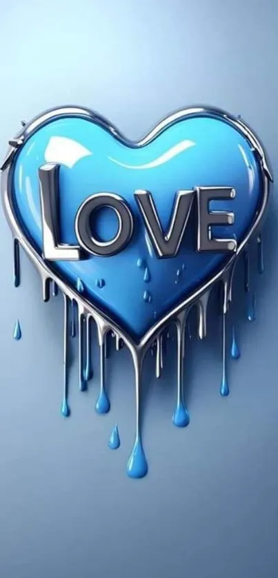 Blue heart dripping with love in metallic style on smartphone wallpaper.