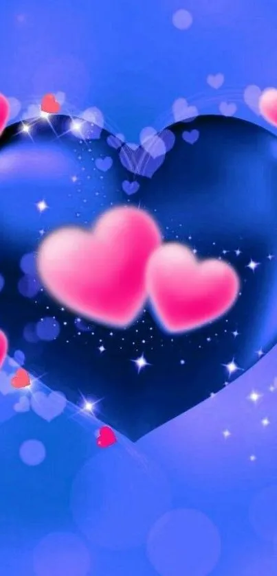 Blue heart wallpaper with pink glowing hearts and stars.