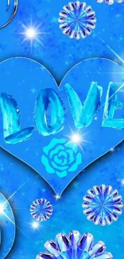 Blue heart wallpaper with love theme and glitter accents on a bright background.