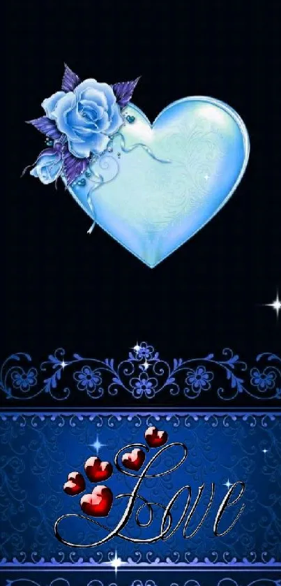 Blue heart and roses with 'Love' text on a decorative mobile wallpaper.