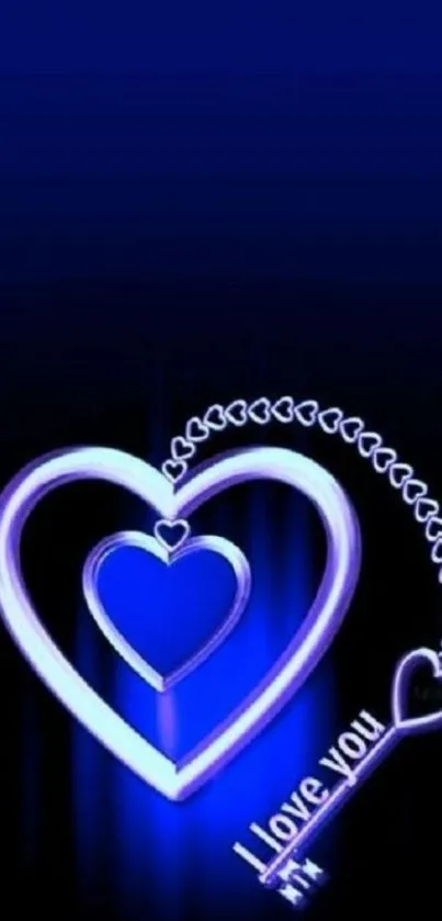 Vibrant blue heart with love theme on a dark background.