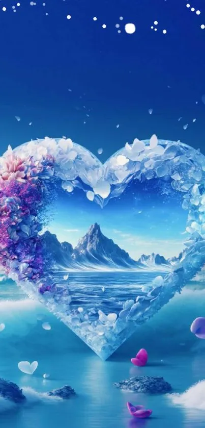 Blue heart-shaped ocean scene with mountains.