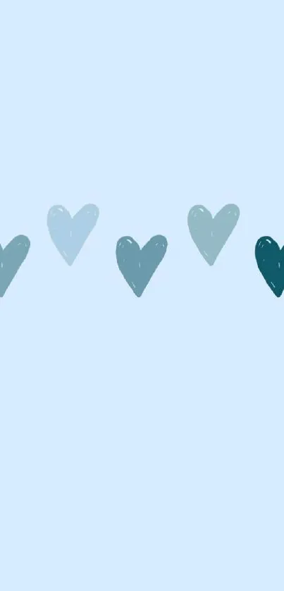 Minimalist wallpaper with a series of blue hearts on a light blue background.