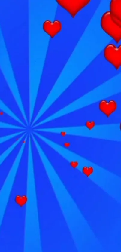 Blue wallpaper with red hearts and radial design.