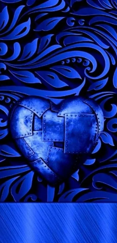 Intricate blue heart design on a patterned background wallpaper.