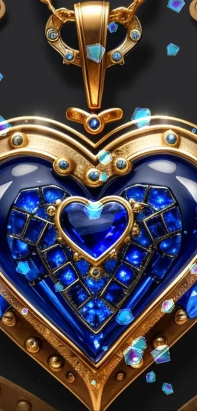 Blue heart pendant with gold details in vibrant mobile wallpaper.