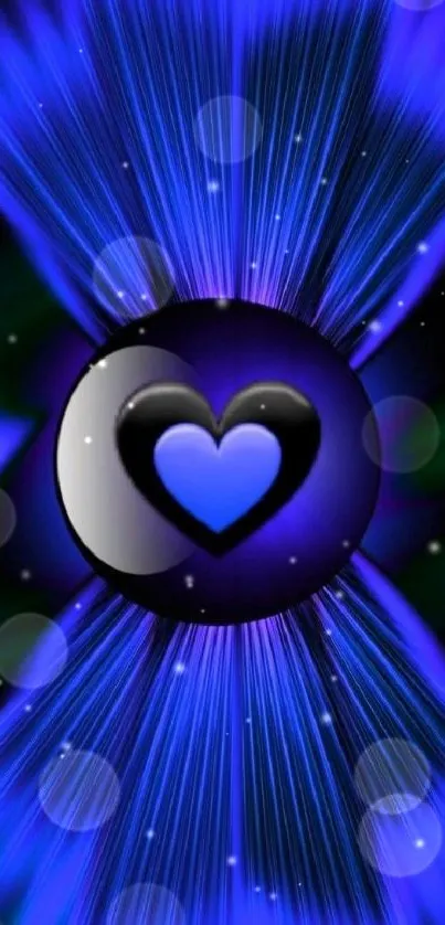 Electric blue heart with radiant glow on mobile wallpaper.