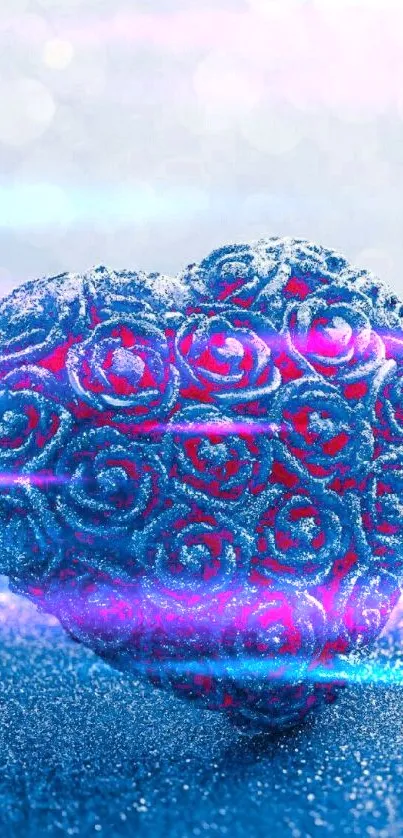 Blue heart with red roses on sparkling background.