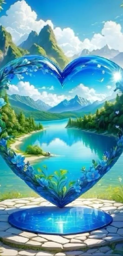 Heart-shaped blue scenic wallpaper with lake and mountains.