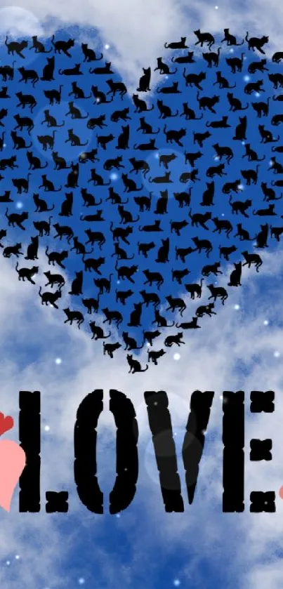 Blue heart with cats in sky, love theme background.