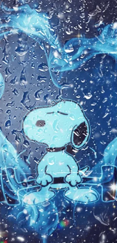 Snoopy sitting in a glowing blue heart amid a sparkling sky.