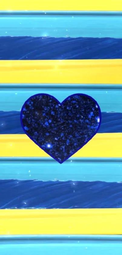 Blue heart on yellow striped wallpaper background.