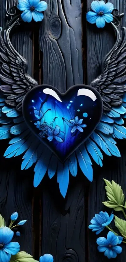 Blue heart with wings and flowers wallpaper.