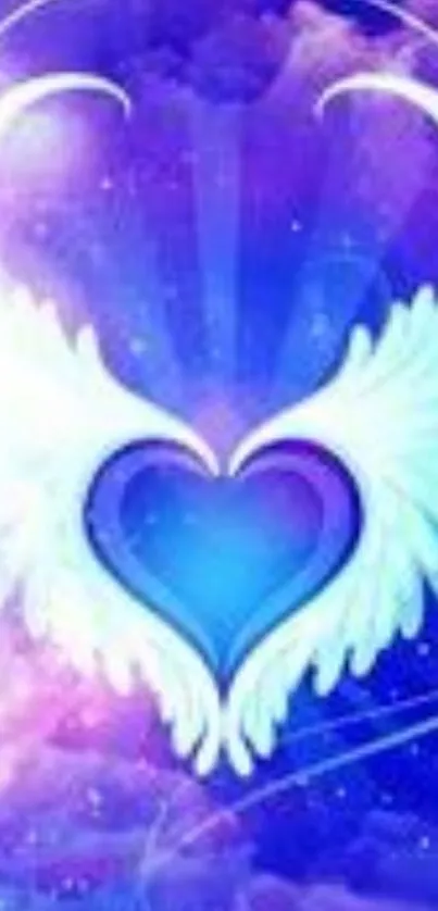 Blue heart with angelic wings on a cosmic background wallpaper.