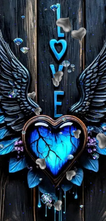 Blue heart with angel wings on dark background.