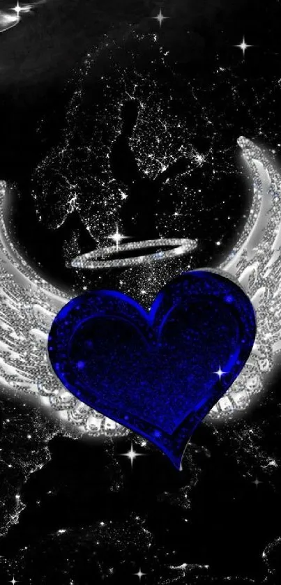 Blue heart with wings and a halo on a dark background.