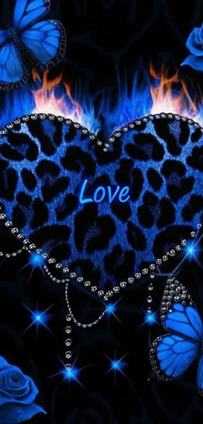 Blue heart with butterflies and flames wallpaper
