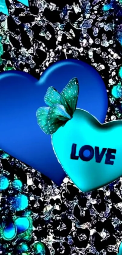 Blue and teal heart wallpaper with butterfly art.