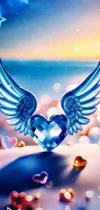 Fantasy wallpaper featuring blue heart with wings and colorful bokeh effects.