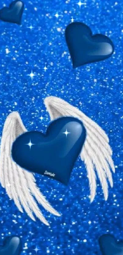 Blue heart with wings on sparkly background.