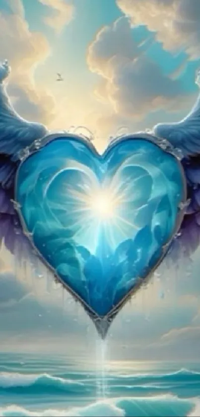 Blue heart with angelic wings under a bright sky