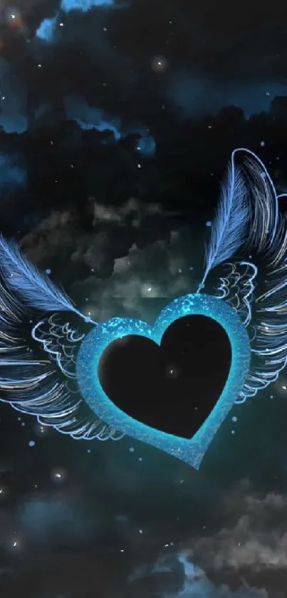 Wallpaper with a blue heart and wings on a dark background.