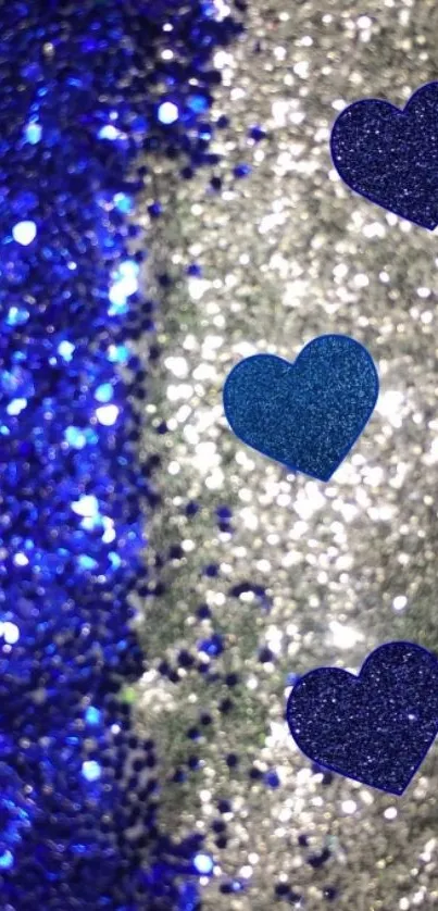 Blue glitter wallpaper with heart shapes and sparkling effect.