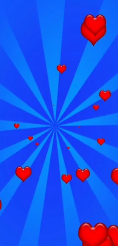 Vibrant blue wallpaper with red hearts design.