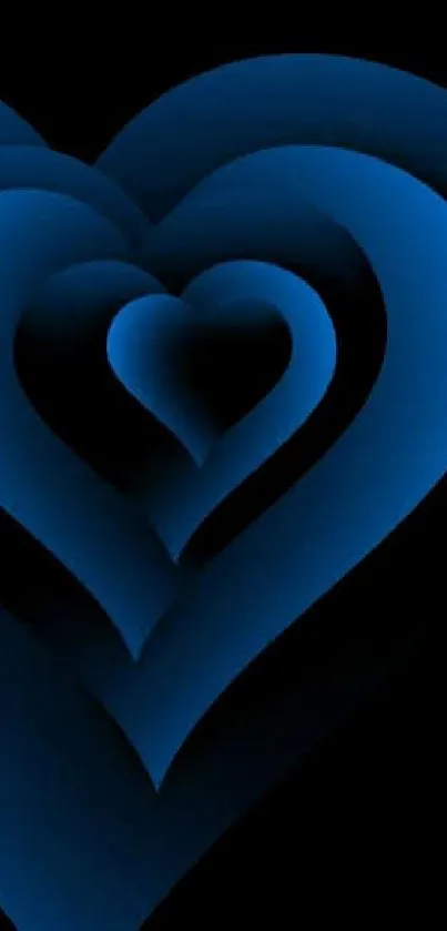 Mobile wallpaper featuring layered blue hearts on a black background.