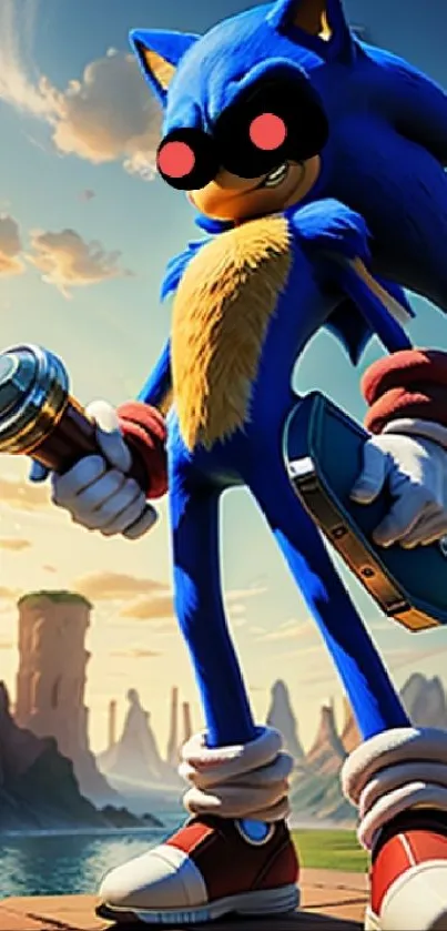 Blue cartoon character in a scenic fantasy world holding a flashlight.