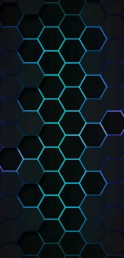 Blue hexagonal tech pattern on dark wallpaper.