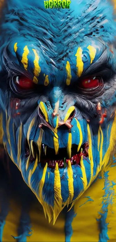 Blue monster with yellow and red accents in horror art style.