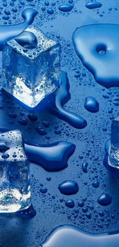 Vibrant blue wallpaper with ice cubes and water droplets, creating a cool effect.