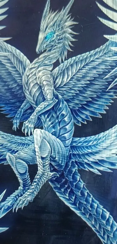 Blue ice dragon with detailed scales and wings against a dark background.