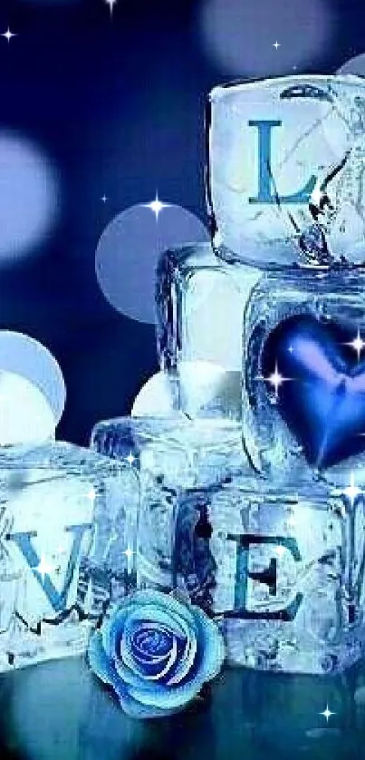 Romantic blue ice cubes with love design and heart