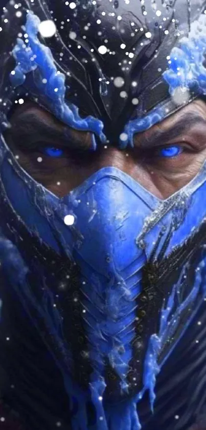 Close-up of a blue ice warrior with intense gaze and frozen mask design.