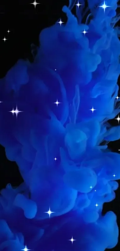 Blue ink swirling with stars on a black background.