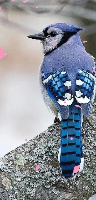 A blue jay perched on a branch, highlighting its vibrant blue feathers.