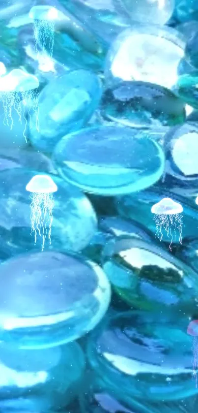 Blue jellyfish float among glowing stones in an underwater scene.