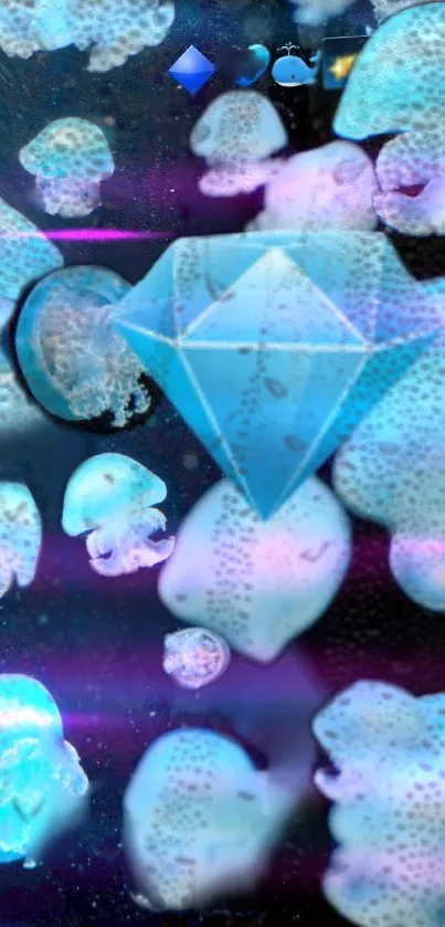 Glowing blue diamond with jellyfish on dark background wallpaper.