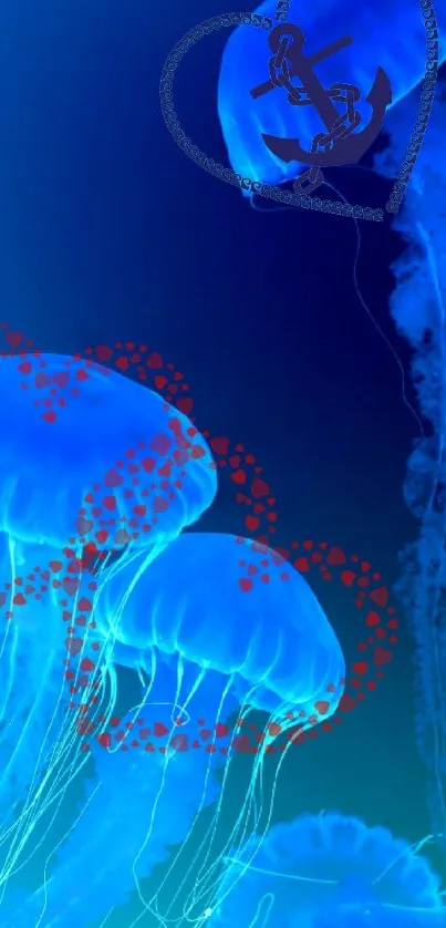 Blue jellyfish mobile wallpaper with oceanic design.