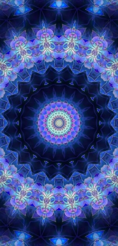 Blue kaleidoscope mandala wallpaper, vibrant and symmetrical design.