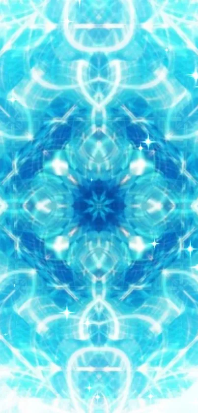 Intricate blue kaleidoscope wallpaper with geometric patterns.