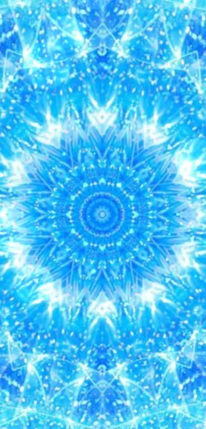 Vibrant blue kaleidoscope wallpaper with geometric patterns.