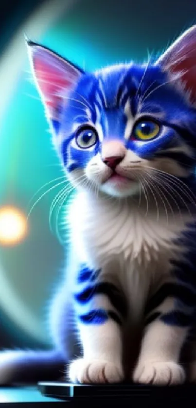 Vibrant blue kitten with cosmic neon backdrop in futuristic setting.