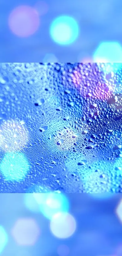 Blue droplets with bokeh lights create an abstract phone wallpaper.