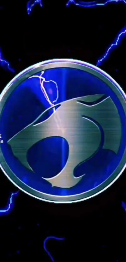 Blue metallic logo with electrifying lightning on a dark background.