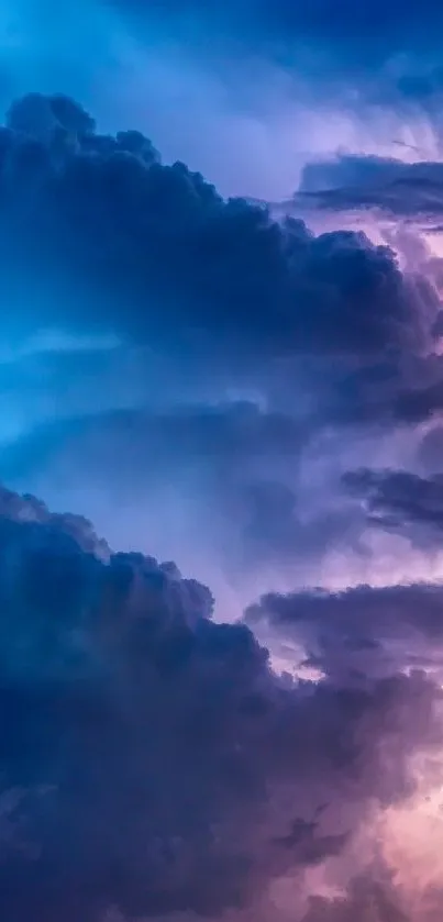 Blue lightning storm fills sky with dramatic clouds and vibrant streaks.