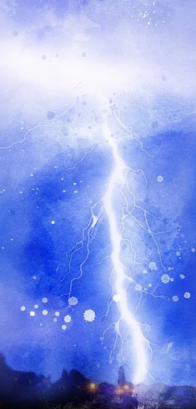 Blue watercolor lightning streaks through the sky.