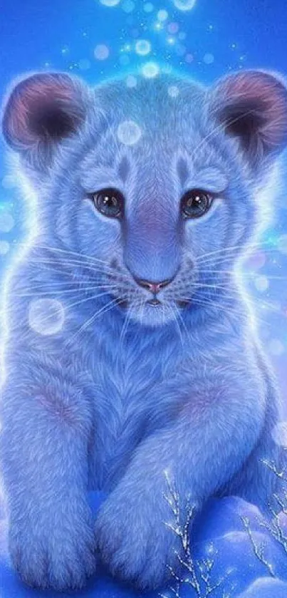 Cute blue lion cub in a fantasy art style on a mobile wallpaper.